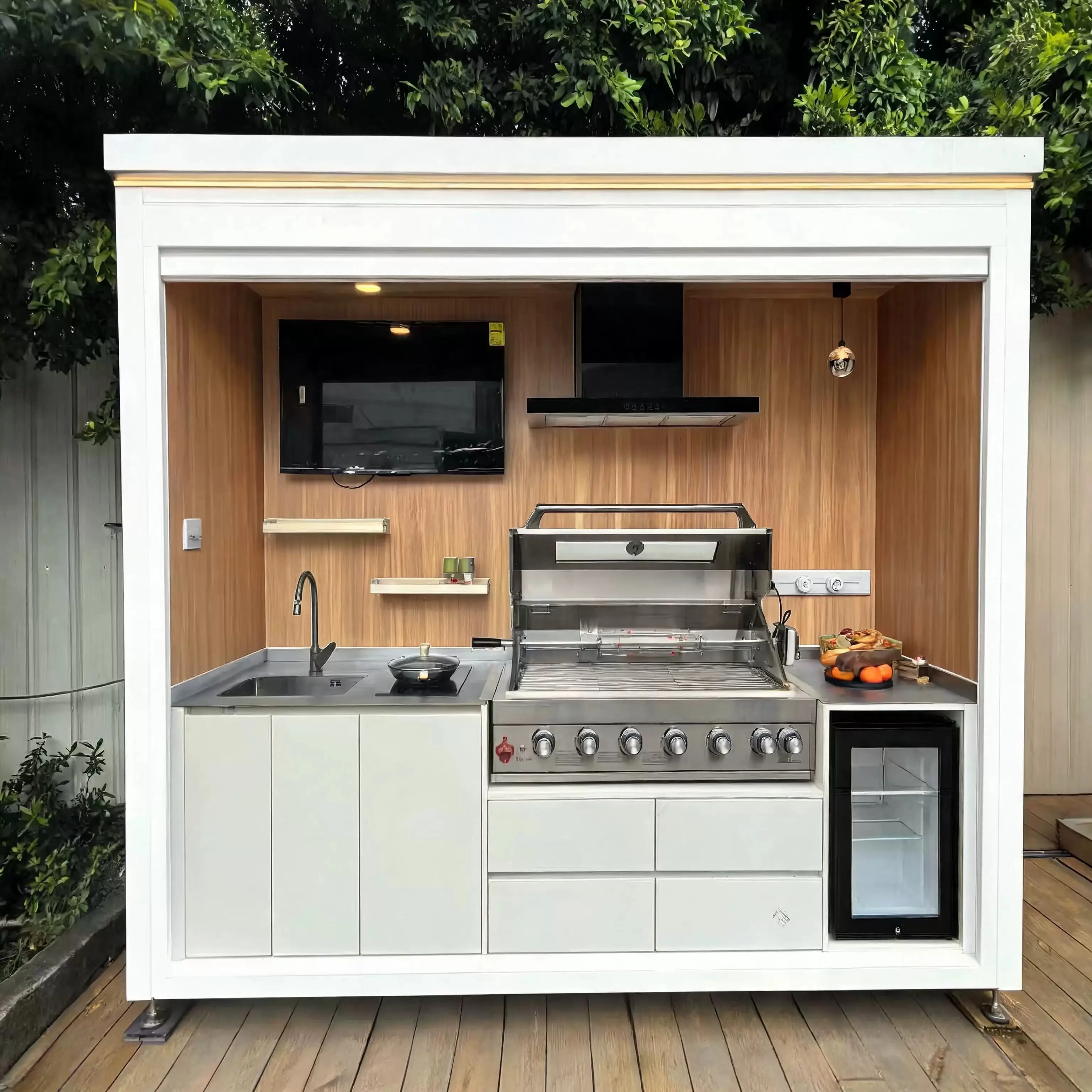 Complete Outdoor Kitchen Cabinet Set With Motorized Lift Up Roof Gas Grill Sink Refrigerator And Storage Drawers