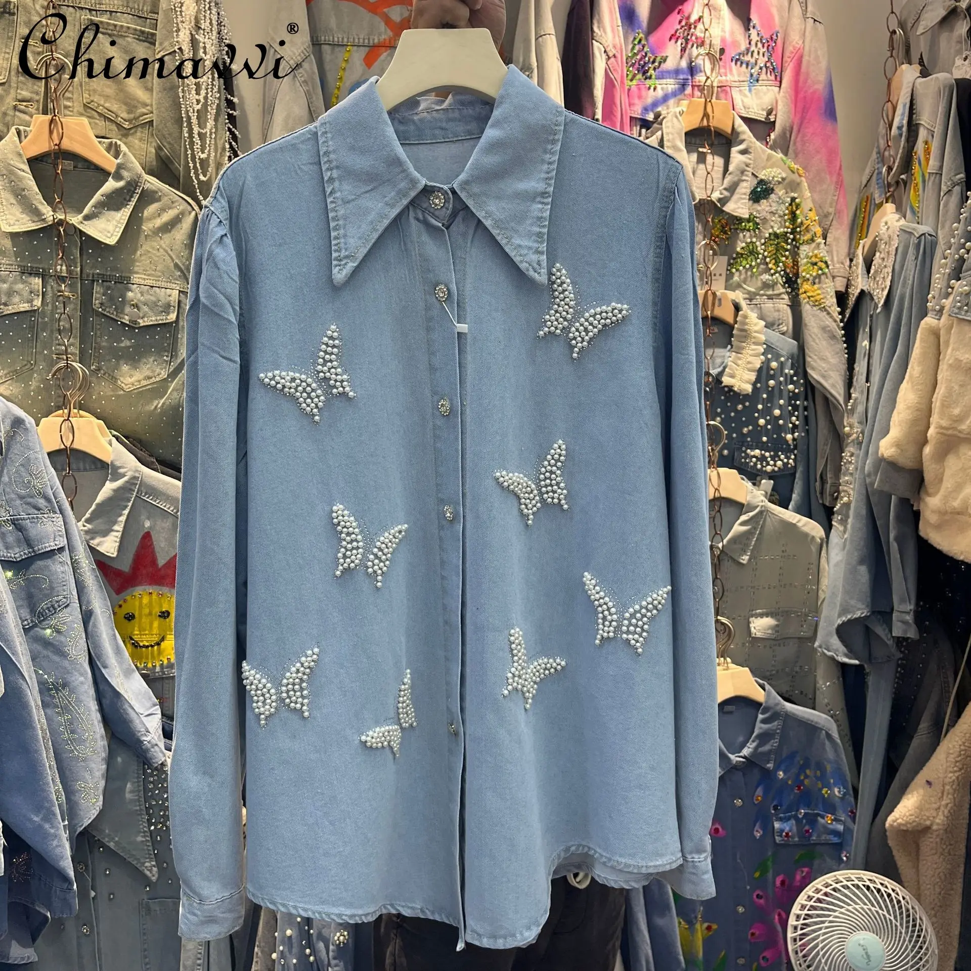 

French Fashion Vintage Blue Blouse Beading Rhinestone Butterfly Loose Versatile Single-Breasted Long Sleeve Denim Shirts Women