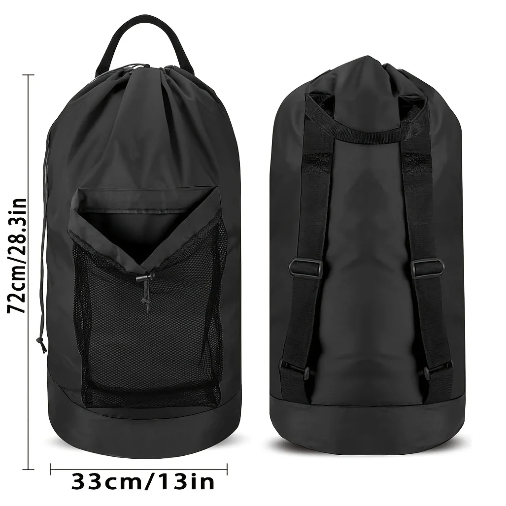 Backpack Laundry Bag with Shoulder Straps and Mesh Pockets, Durable Nylon Clothing Storage Bag, Drawstring Closure, Ideal for Co