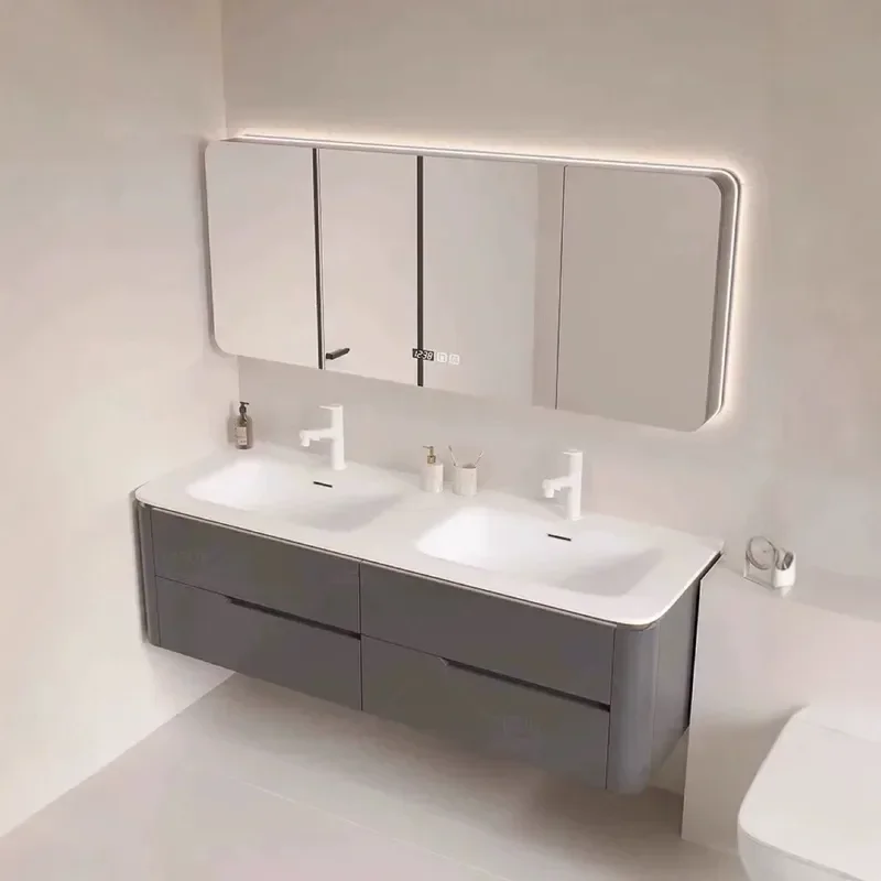 Corian Integrated Double Basin Bathroom Cabinet with Smart Mirror Arc Edge Oak Vanity Unit Wall Mounted Washbasin Combo