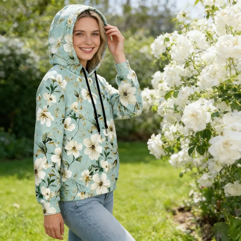 

Women's Light Blue Hoodie with White Daisy Floral Print Spring Garden Aesthetic Sweatshirt Cute Casual Loungewear for Outing