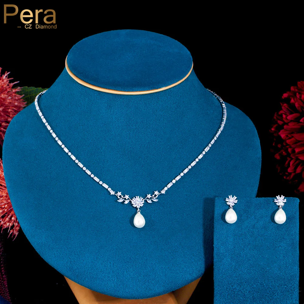 Pera Elegant Flower Pearl Drop Shiny Cubic Zirconia Pendant Necklace Earrings Jewelry Sets for Women Engagement Party Gift J071