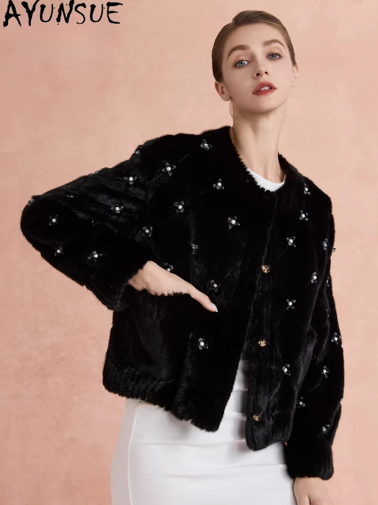 AYUNSUE Real Fur Coats Woman Elegant Winter Fur Jacket Stylish Black Outerwears Whole Mink Fur Coat Woman Clothes Manteau Femme