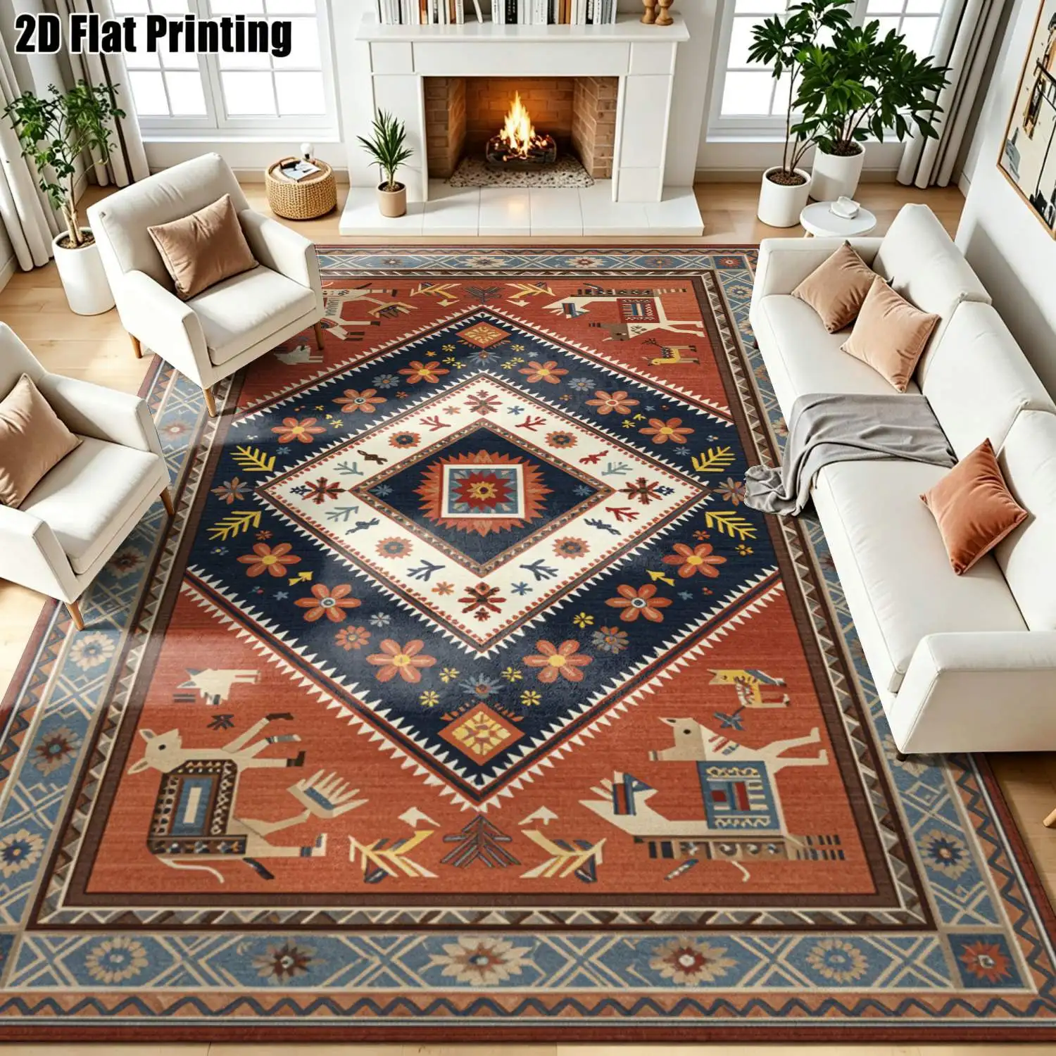 1Pc 2D Printed Brick-Red Retro Ethnic Carpet: European, Bohemian, Vintage Distressed, Home Decor, Multi-Size, Machine Washable, for Entrance, Dining, Foyer, Bedroom, Study, Living Room