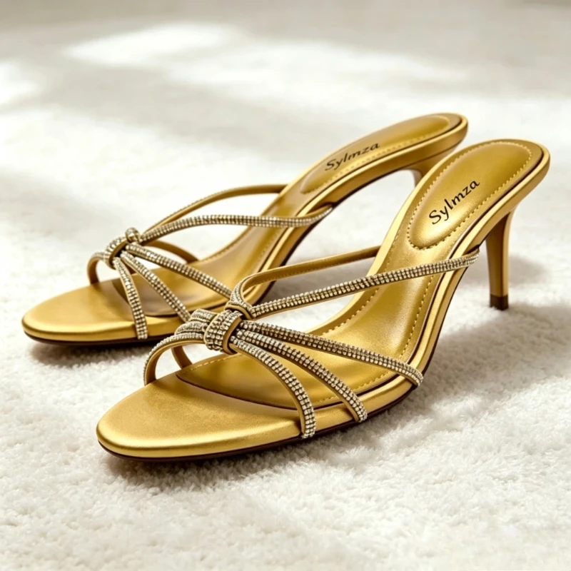 Luxury Rhinestone Detail Mules Sandals for Women Elegant Cross Tied Slide Sandals Summer Round-toe Open-toe Banquet Dress Shoes