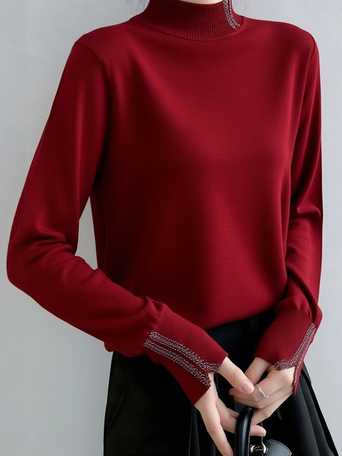 

Red Knitted Long Sve Sweater Retro Design Fitted Base Layer irt Overhead Sle Winter Faion Women's Inner Wear Top