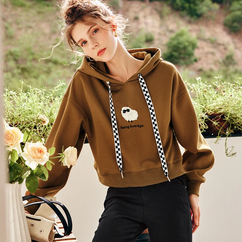 ‌OLrain Women Coffee Hooded Sweatshirt 2026 Spring Fall Fashion Vintage Long Sleeve Cotton Knitted Crop Ladies Top N56QR63100