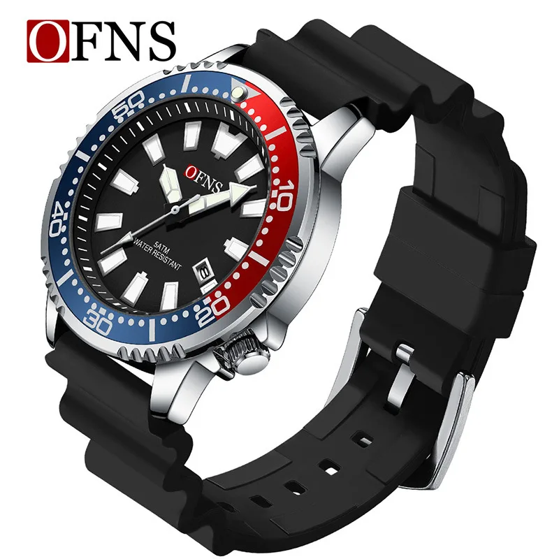 OFNS 8032 Men's Quartz Watch Fashion Simple Black Orange Green Calendar Night Light Waterproof Silicone Strap Watch