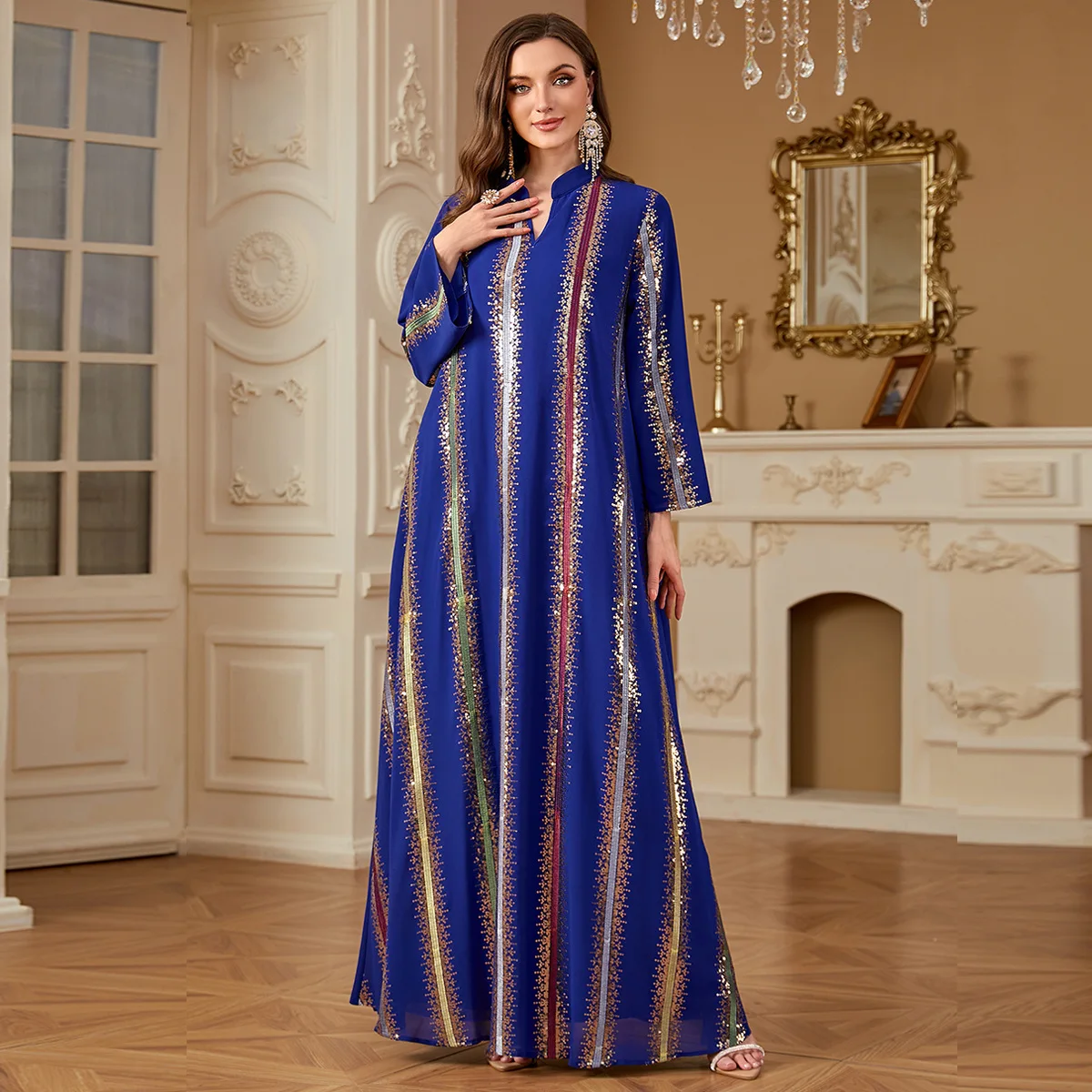 

Muslim Women Sequin Long Dress Shiny Abaya Dubai Kaftan Islam Clothing Ramadan Eid Caftan Marocain Femme Robe Jalabiya Vestidos