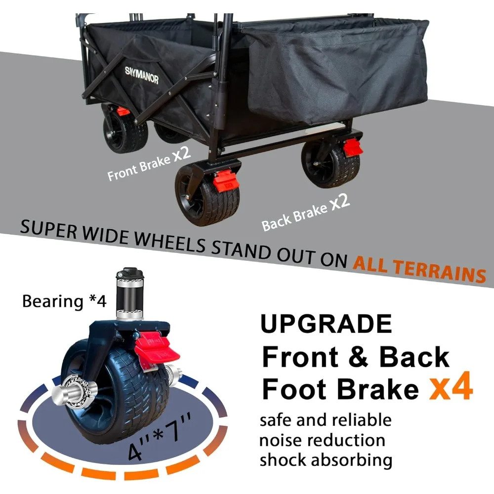 Collapsible Wagon Folding Garden Cart with Removable Canopy Utility Wagon Cart with All-Terrain Wheels Brake Beach Cart