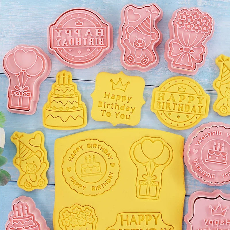 8Pcs/set Happy Birthday Theme Cookie Cutter Cake Bear Flower Biscuit Mold Cookie Stamp Baking Pastry Bakeware for Birthday Party