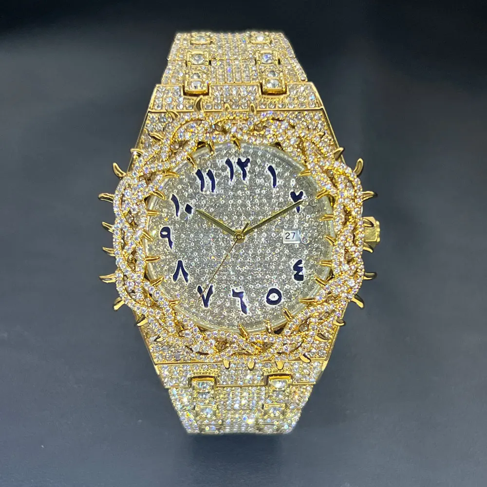 Hot Fashion Full Diamond Watch Men MISSFOX Brand Hip Hop Lced Qut Bling Jewelry Flower Quartz Wristwatch For Man Dropshipping
