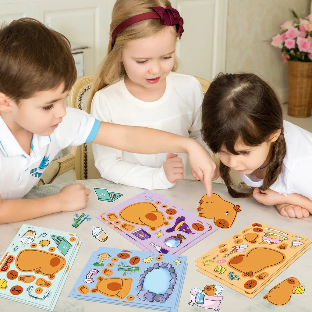 8 قطع من ملصقات ألغاز كابيبارا - ملصقات تعليمية تفاعلية بين الوالدين والطفل "صنع وجه" مقاومة للماء (متجر عوالم الرسوم المتحركة)