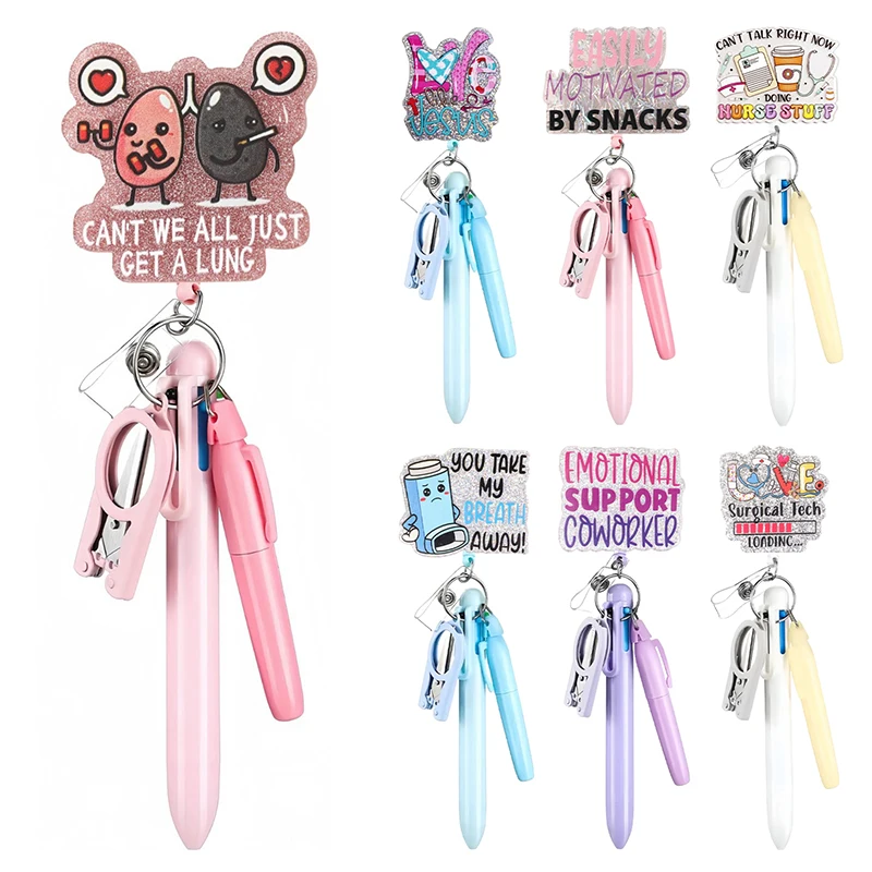 5in1 Nurse Pen Set Retractable ID Badge Clip Reels Holder Name Holder Keychain Ballpoint Pen Folding Scissors For Nursing Doctor