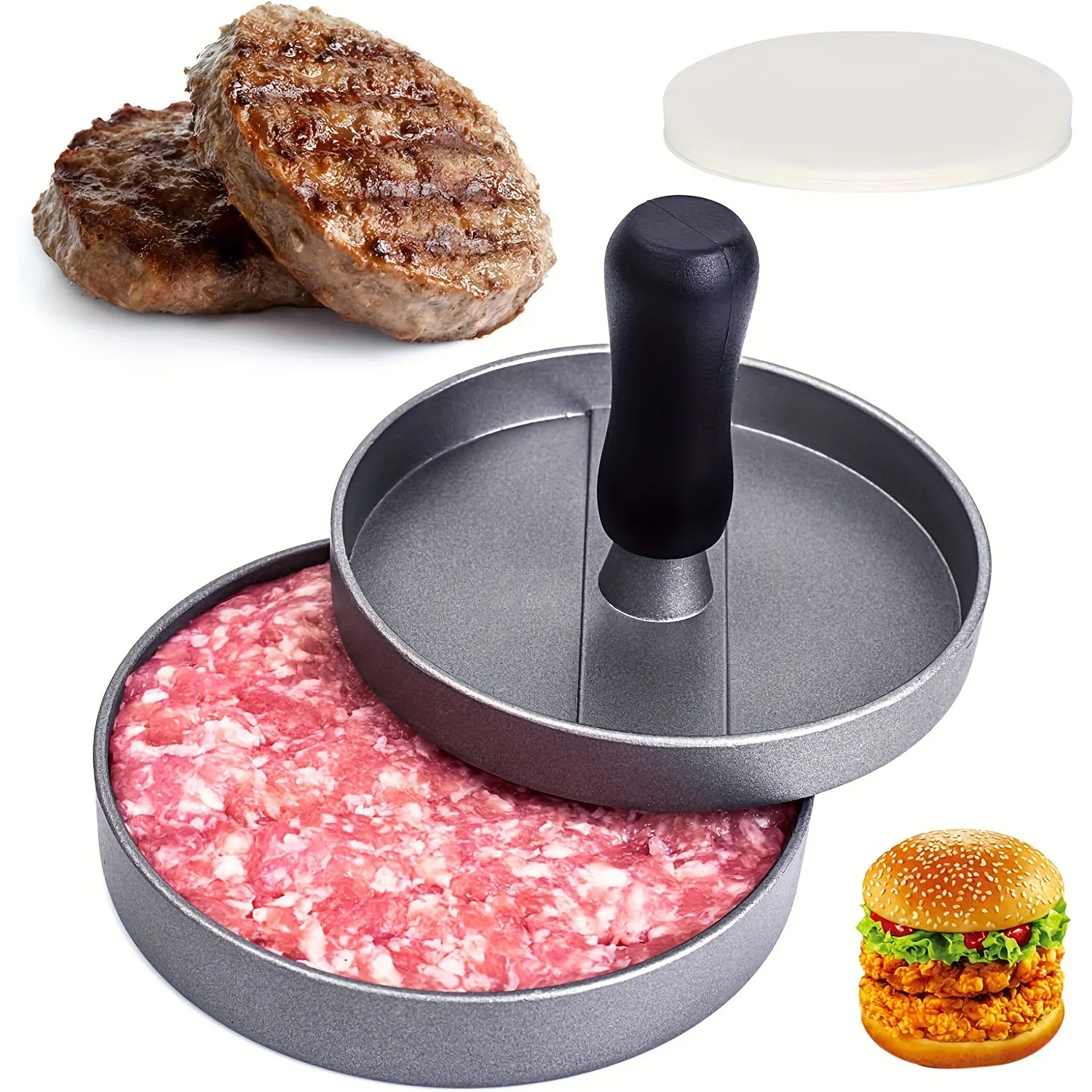 12CM burger  maker patty press mold with non-stick coating and plastic handle, 100 sheets of greaseproof paper included