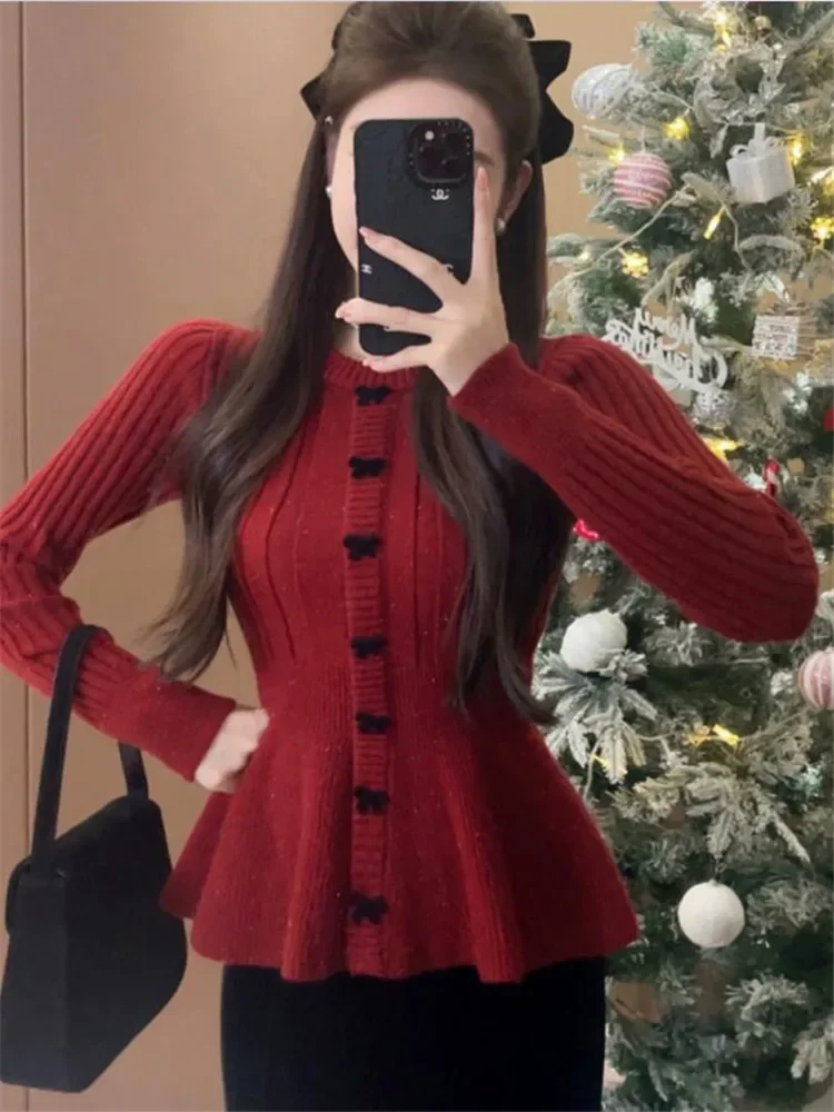 Holiday Red Black White Fashion Fairy Sweater Cute Butterfly Slim Ruffles Hem A Line Knit Pullover New Spring O Neck Top Jumper