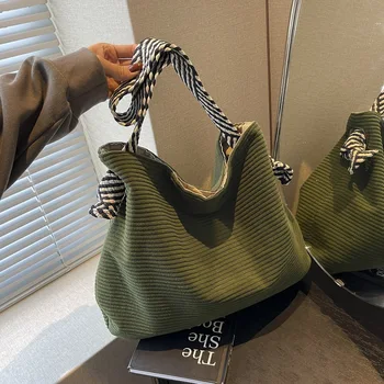 กระเป๋าสะพายไหล่ Corduroy Hobo ลําลอง, กระเป๋าถือสีทึบเรียบง่าย, กระเป๋าย้อนยุคทุกคู่