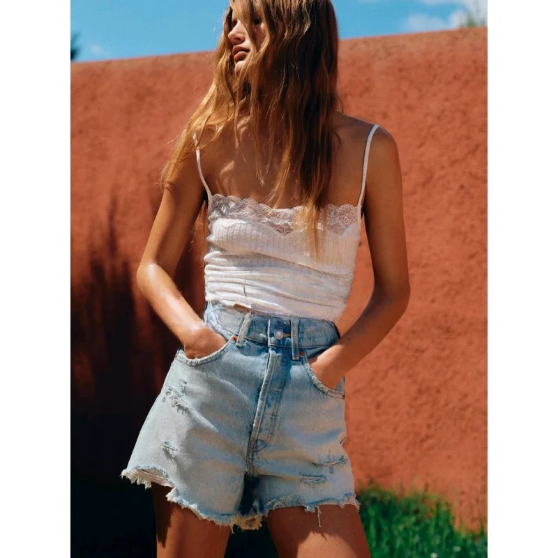 

Spring New High Waist Distred Denim orts Waed Effect Trendy Girls ort Pants Straight Leg Zipper Closure Casual Jeans
