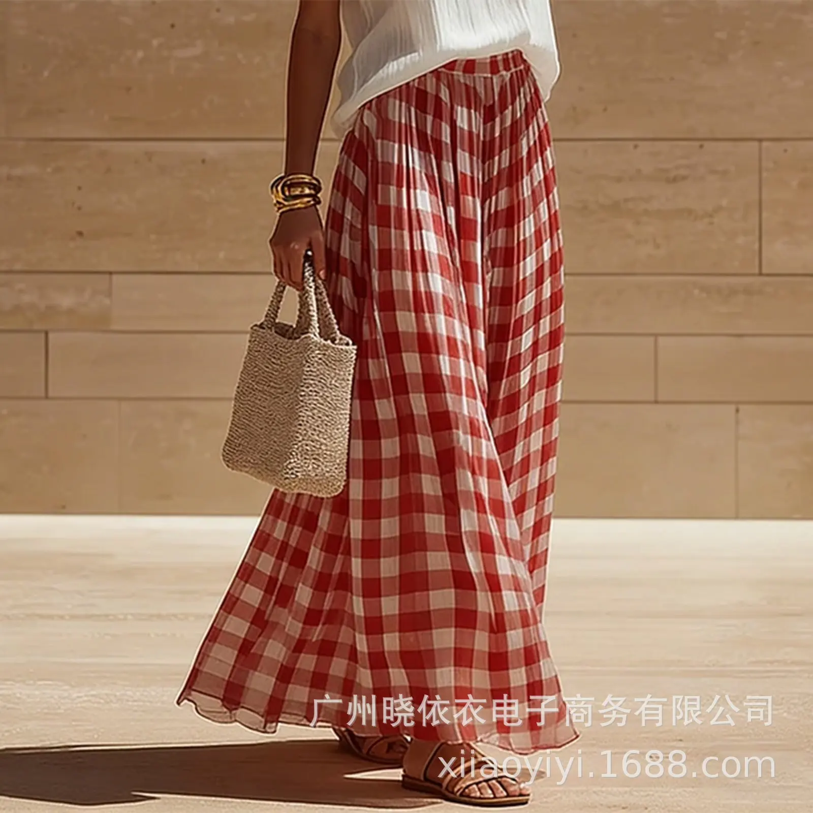 Gingham Pleated Maxi Skirt Elastic High Waist Flowy Chiffon A Line Vintage Plaid Swing Casual Summer Skirt for Women
