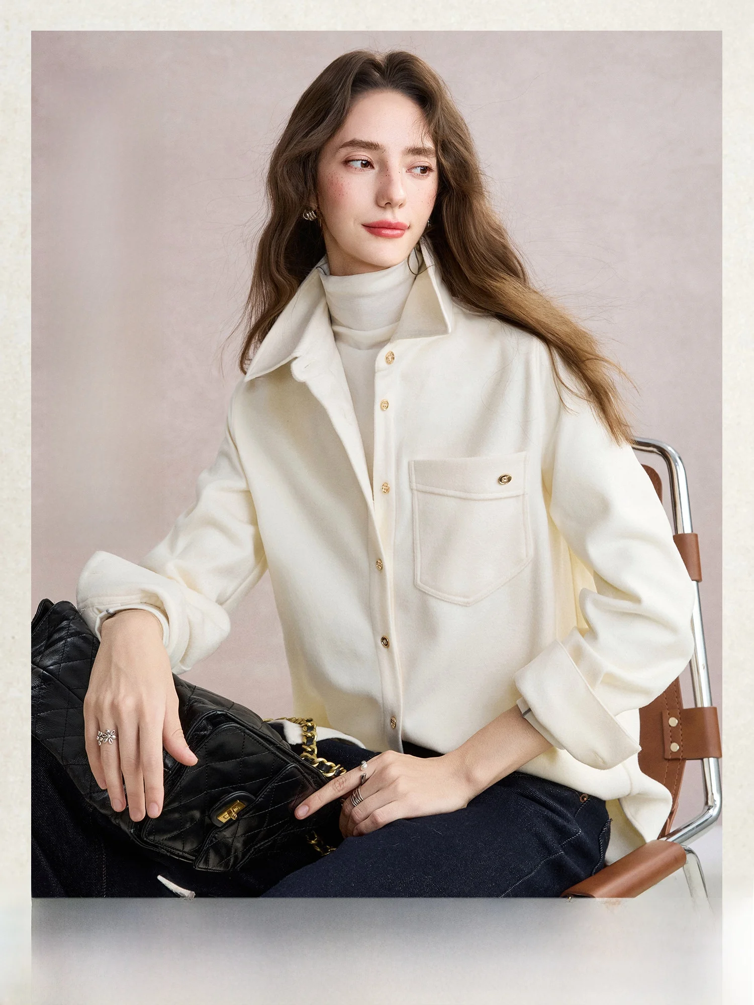 

Классическая повседневная женская рубашка из шерстяной смеси: универсальный простой дизайн, комфортная посадка, длинный рукав, детали с карманами, стиль для поездок на работу