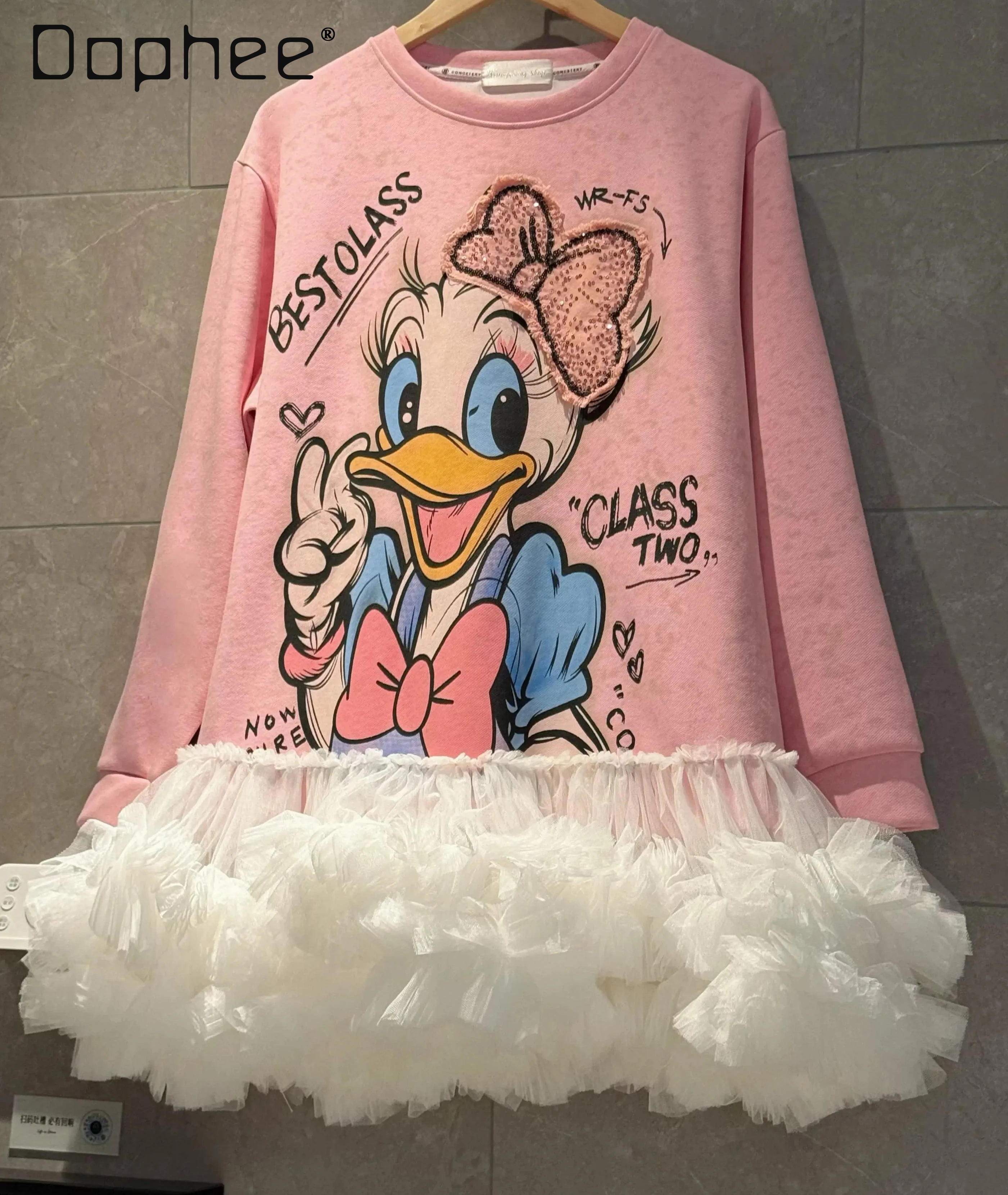 

Cute Cartoon Duck Pink Sweatshirt Dress Women 2026 Spring New Trendy Brand Heavy Industry Sequined Splicing Tutu Skirt