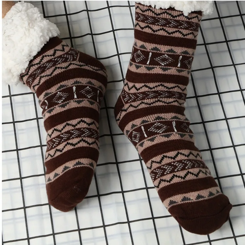 Flauschige Streifensocke für Herren, Winter, warm, kurz, dick, zum Schlafen zu Hause, thermisch, weicher Boden, flauschige Slipper-Socke, Weihnachtsgeschenk, Schneeflocke