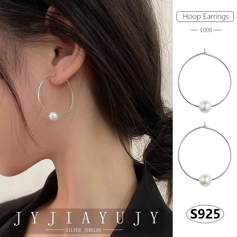 

JYJIAYUJY 100% Sterling Silver S925 Hoop Earrings Shell Pearls Different Sizes Fashion Trendy Hypoallergenic Jewelry Gift E008