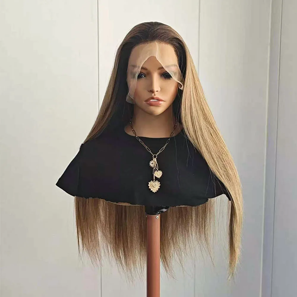Ombre Brown Silk Straight Wig Black Roots Honey Brown Synthetic Hair Heat Resistant Lace Front Wigs for Women Makeup Daily Use