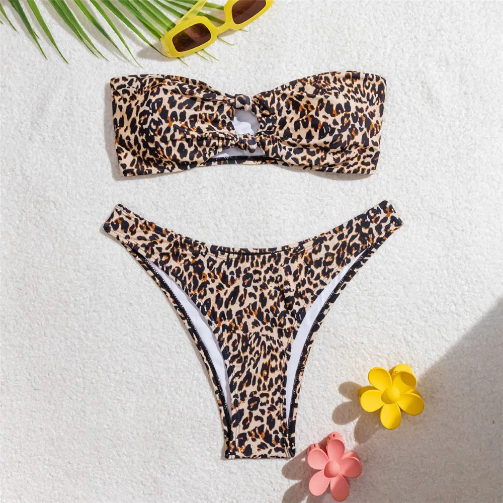 

Leopard Print Bandeau Bikinis Sets Front Hollow Out Sexy Swimsuit Women 2025 High Leg Cut Swimwear Bathing Suit Bikini Dames