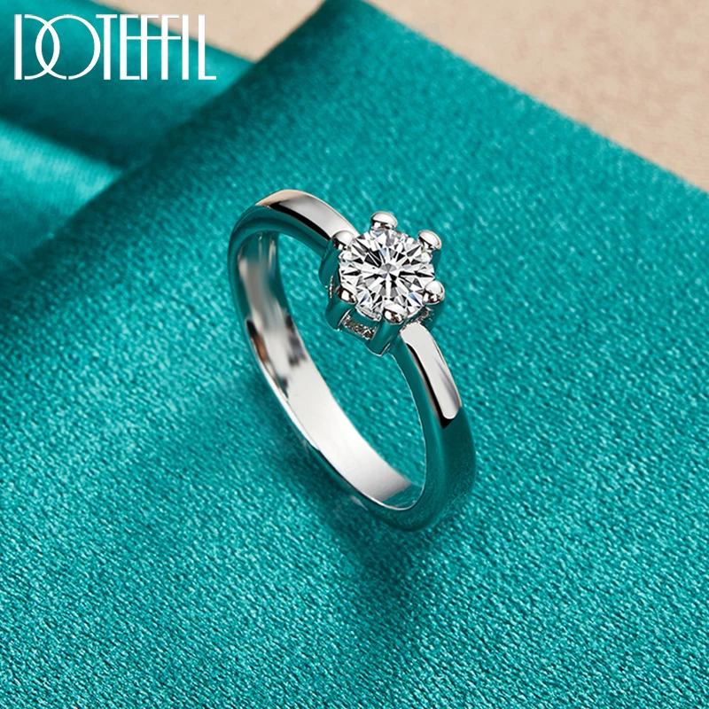 DOTEFFIL 925 Sterling Silver Classic inlay Six Claw Crystal Ring For Woman Wedding Engagement Charm Party Jewelry