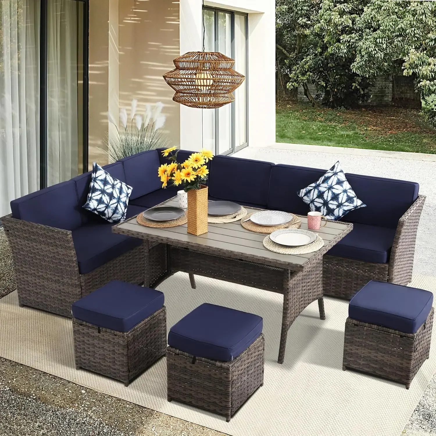 

# Hot Patio Furniture Set, 7 Pieces Patio Dining Sets, All Weather Outdoor Wicker Conversation Loveseat Set With Dining Table