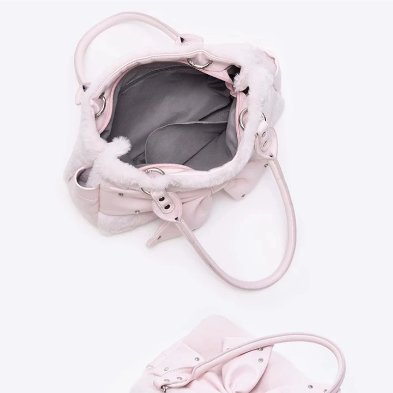 Vintage Autumn and Winter Plush Bow Sweet Flash Diamond Pink Shoulder Bags for Women's Messenger Bag Cute Versatile Tote Bag