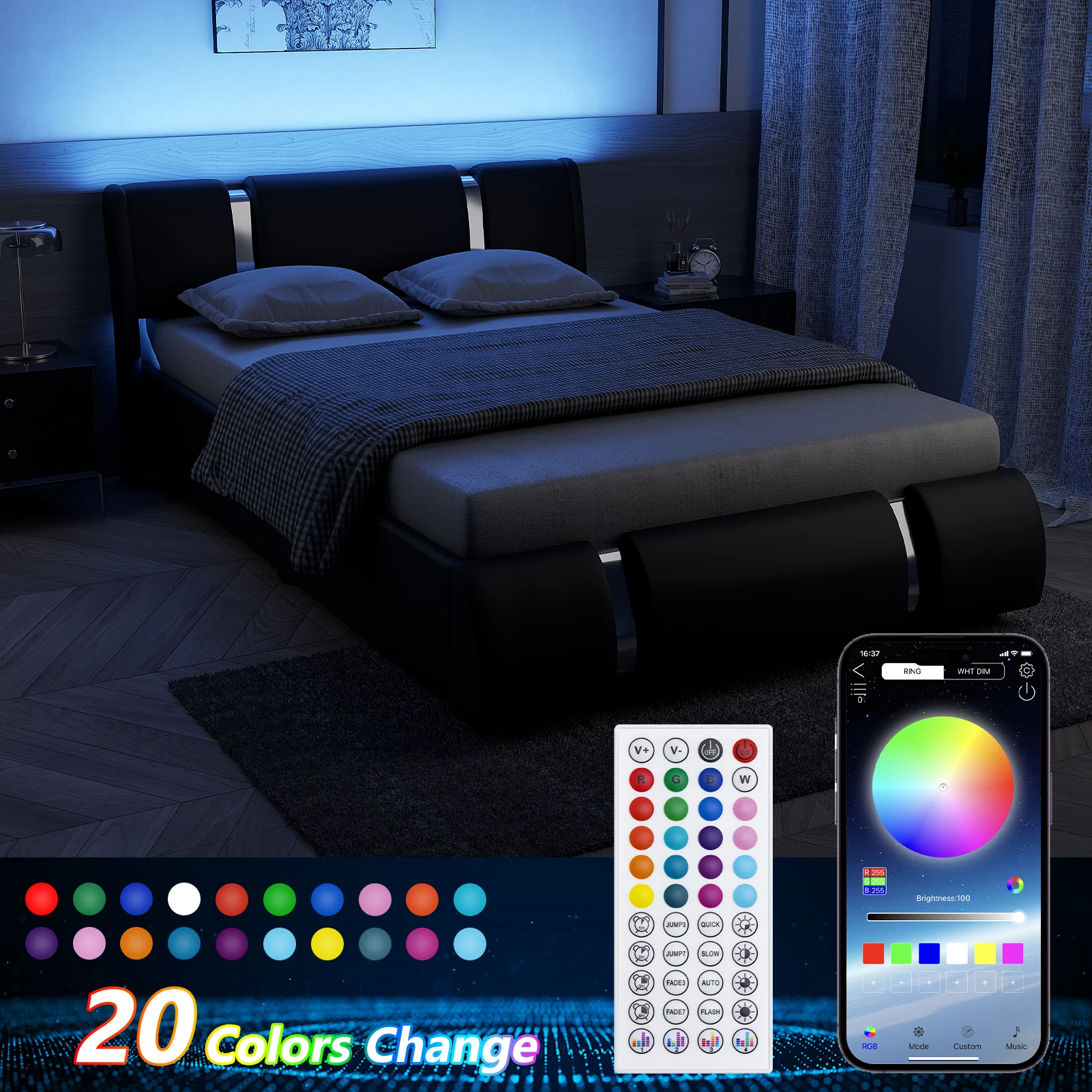 Queen/Full LED Bed Frame with Adjustable Headboard, Modern Upholstered Bed Frame with Faux Leather & Metal Decoration