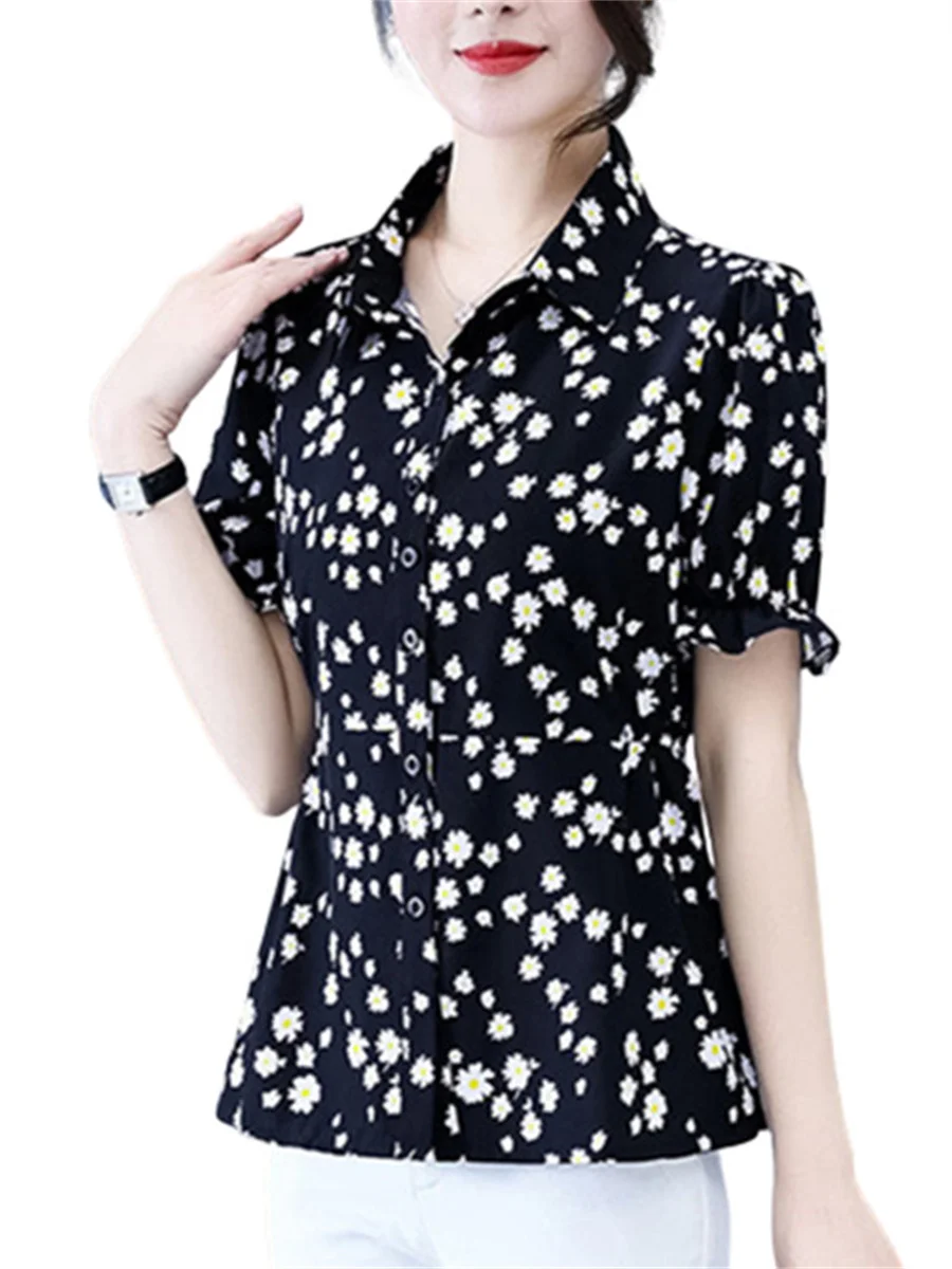 

Women Spring Summer Blouses Shirts Lady Fashion Casual Short Sleeve Turn-down Printing Blusas WY0397