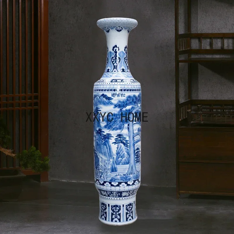 Hand Painted Welcome Pine Blue and White Porcelain Floor Vase Jingdezhen Ceramic Living Room and Hotel Company Decoration