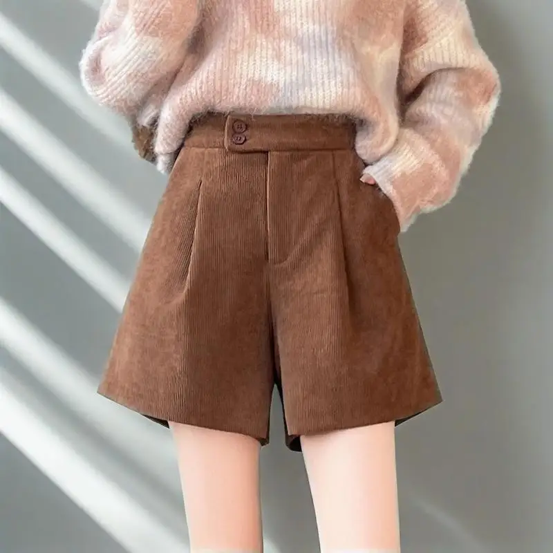 Herfst Winter Corduroy Shorts Dames Hoge taille Afslankende A-lijn Shorts Modieuze Casual Uitloper Bootbroek