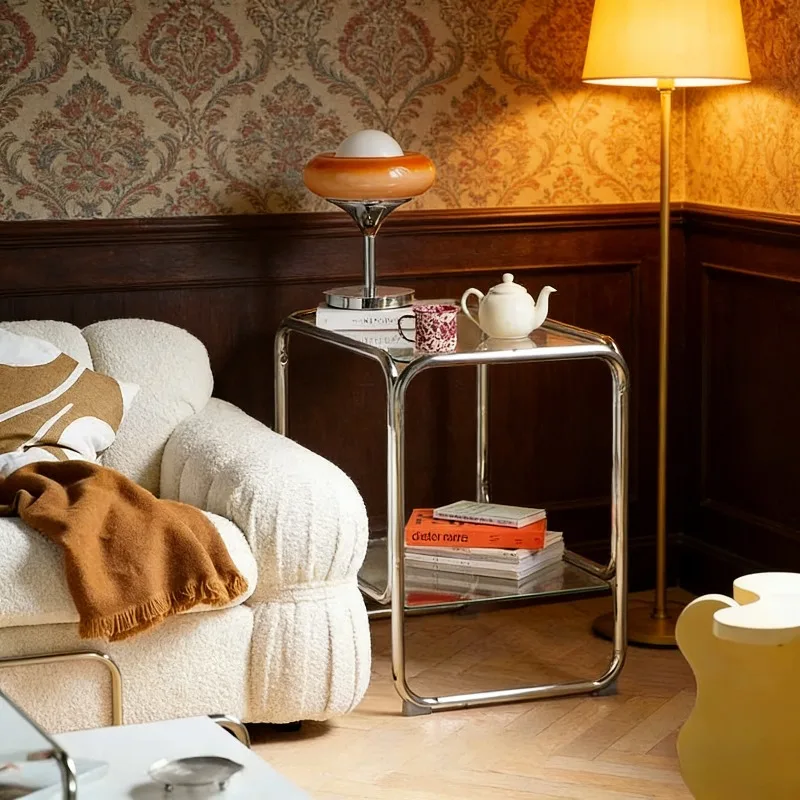 xx-Minimalist Glass & Chrome Accent Table, 2-Tier Transparent Side Table, Modern Industrial End Table for Home Decor^