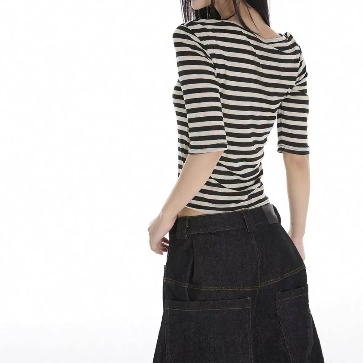 Retro Striped Half Sleeve Round Neck Slimming Summer New Style Micro Transparent Slim Fit Versatile Base Top For Women