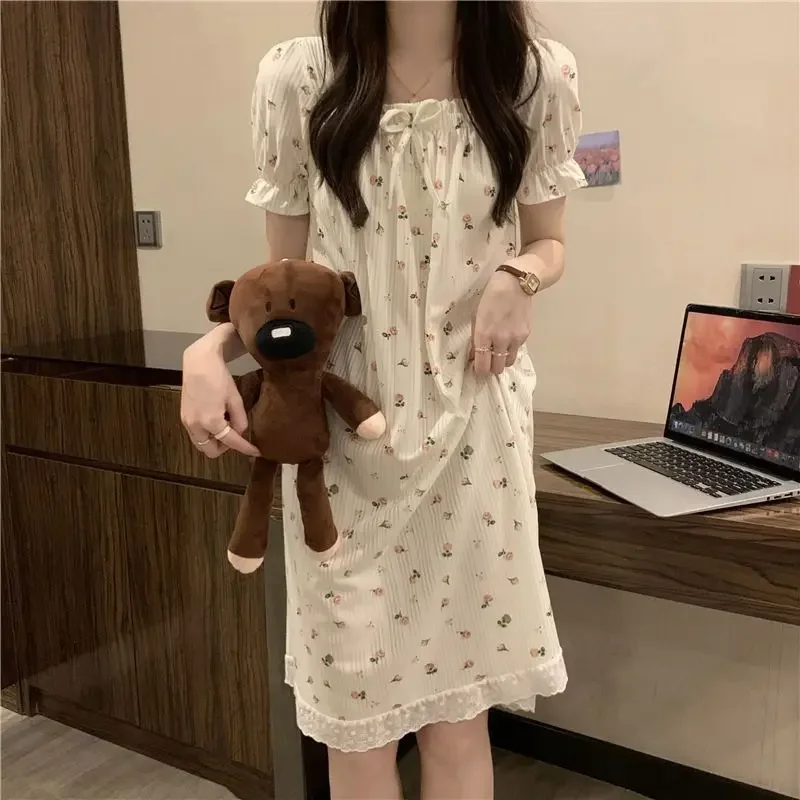 Floral Nightgowns Women Summer Popular Schoolgirls Midi Sleepwear Loose Cute Square Collar Elegant Simple Korean Style Lounge