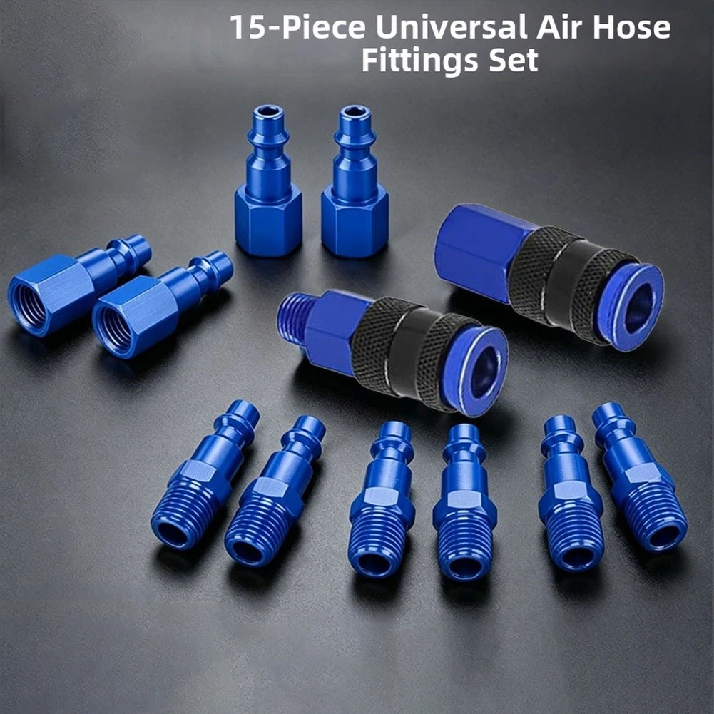 15 Piece 1/4 Inch NPT Aluminum Quick Coupling Set for Air Water Systems For pneumatic Tools Sleeve Leak Resistant Design
