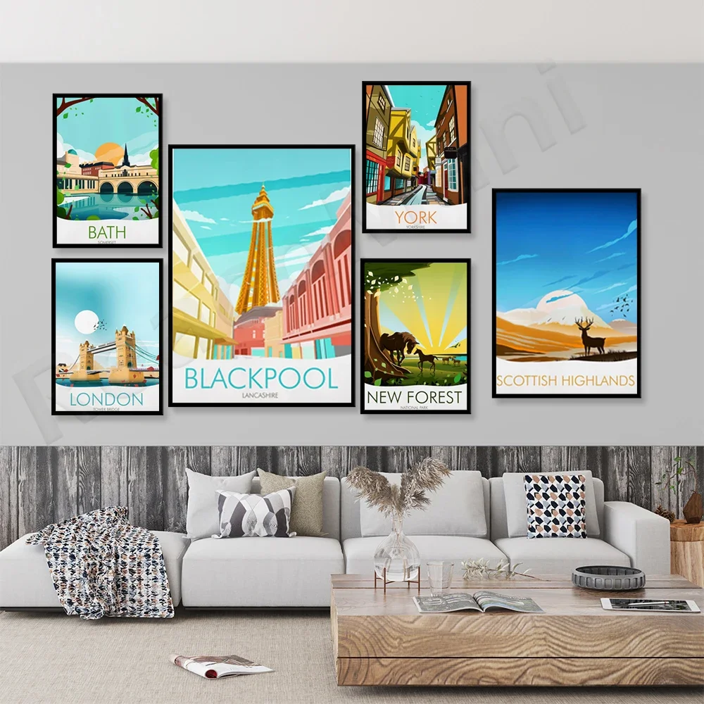 Glencoe, Ventnor White Island, Alum Bay, Baspulteney Bridge, Northumberland Beadnell Bay, Traditional Blackpool travel poster