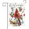 Welcome Cardinal Decorative Garden Flag, Watercolor Red Bird Berry jjp