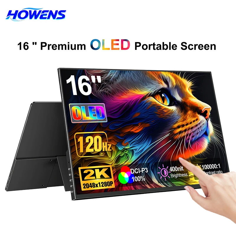 HOWENS 16 Inch 2K OLED Portable Gaming Monitor 120Hz 0.1ms 400Nit DCI-P3 Secondary Display For MacBook Phone PS5 Xbox Office