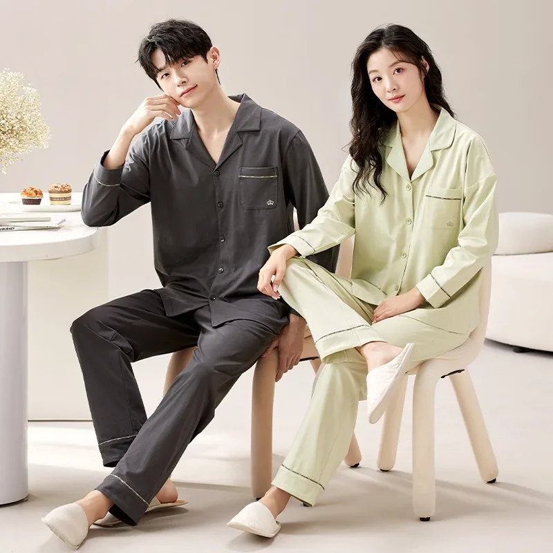 Youth Couple\'s Pajamas Autumn Cotton Soft Men and Women Matching Lounge Wear Lapel Cartoon Printed pijamas para parejas