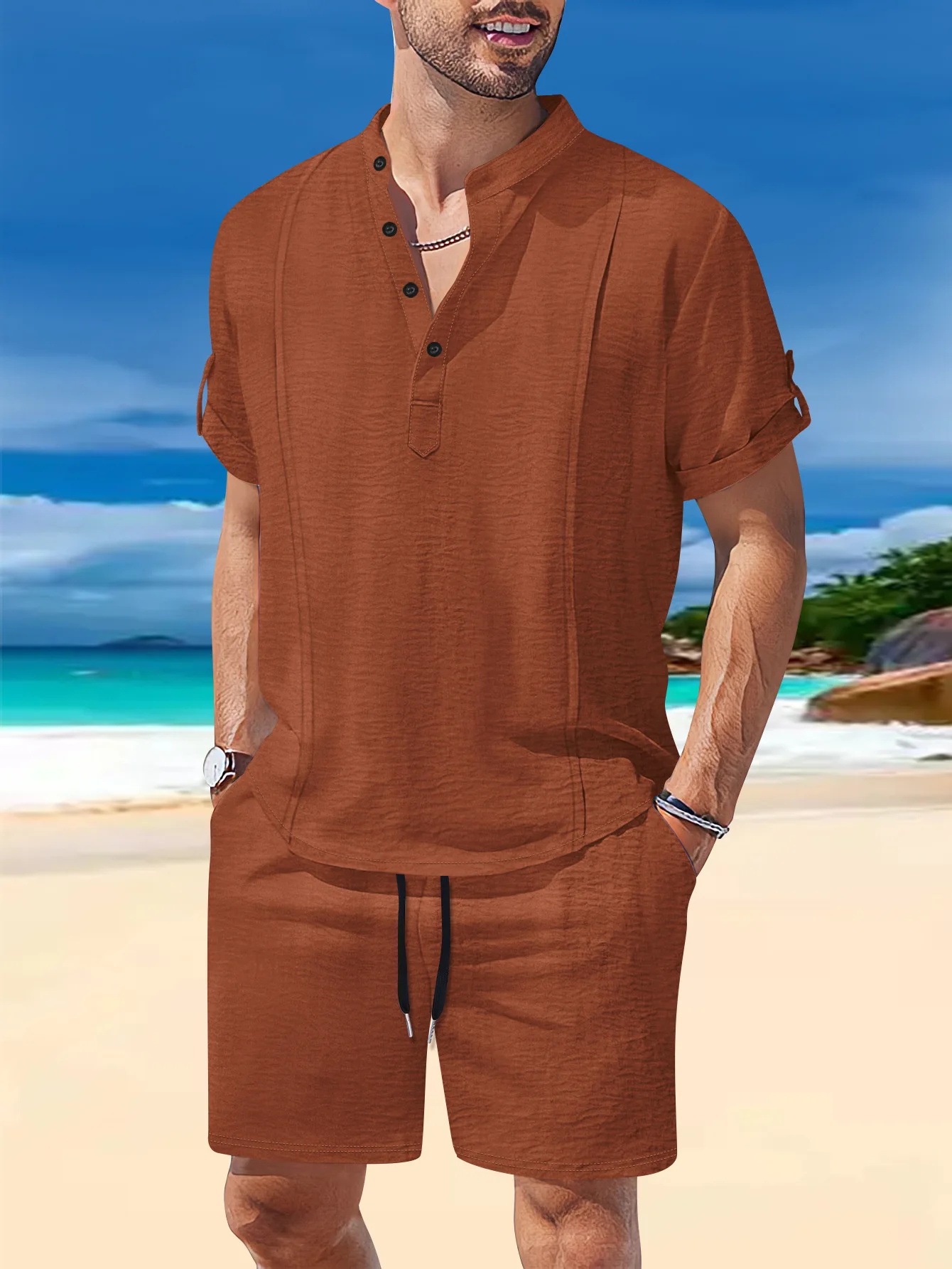 Men's Suit: Fashionable Beach Stand-Up Collar, Solid Color Button, Pullover, Short Sleeve, Drawstring Pocket Shorts