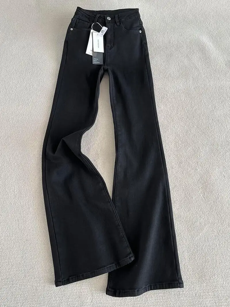 กางเกงยีนส์ผู้หญิง ผ้าเดนิมนุ่ม ระบายอากาศ สไตล์วินเทจ สีดำ บุขนแกะ อุ่น ทรงบาน เอวสูง สไตล์อเมริกันเรโทร สำหรับฤดูใบไม้ร่วงและฤดูหนาว