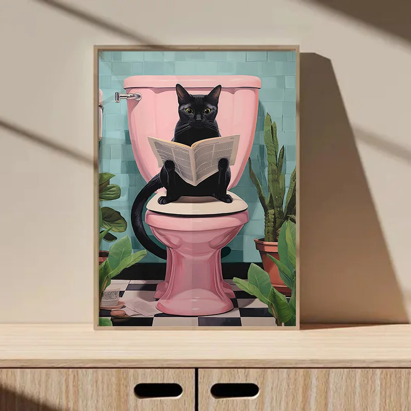 Modern Funny Black Cat Going To Toilet Art Posters Cute Cat Reading Newspaper Canvas Painting Bathroom Living Room Wall Decor