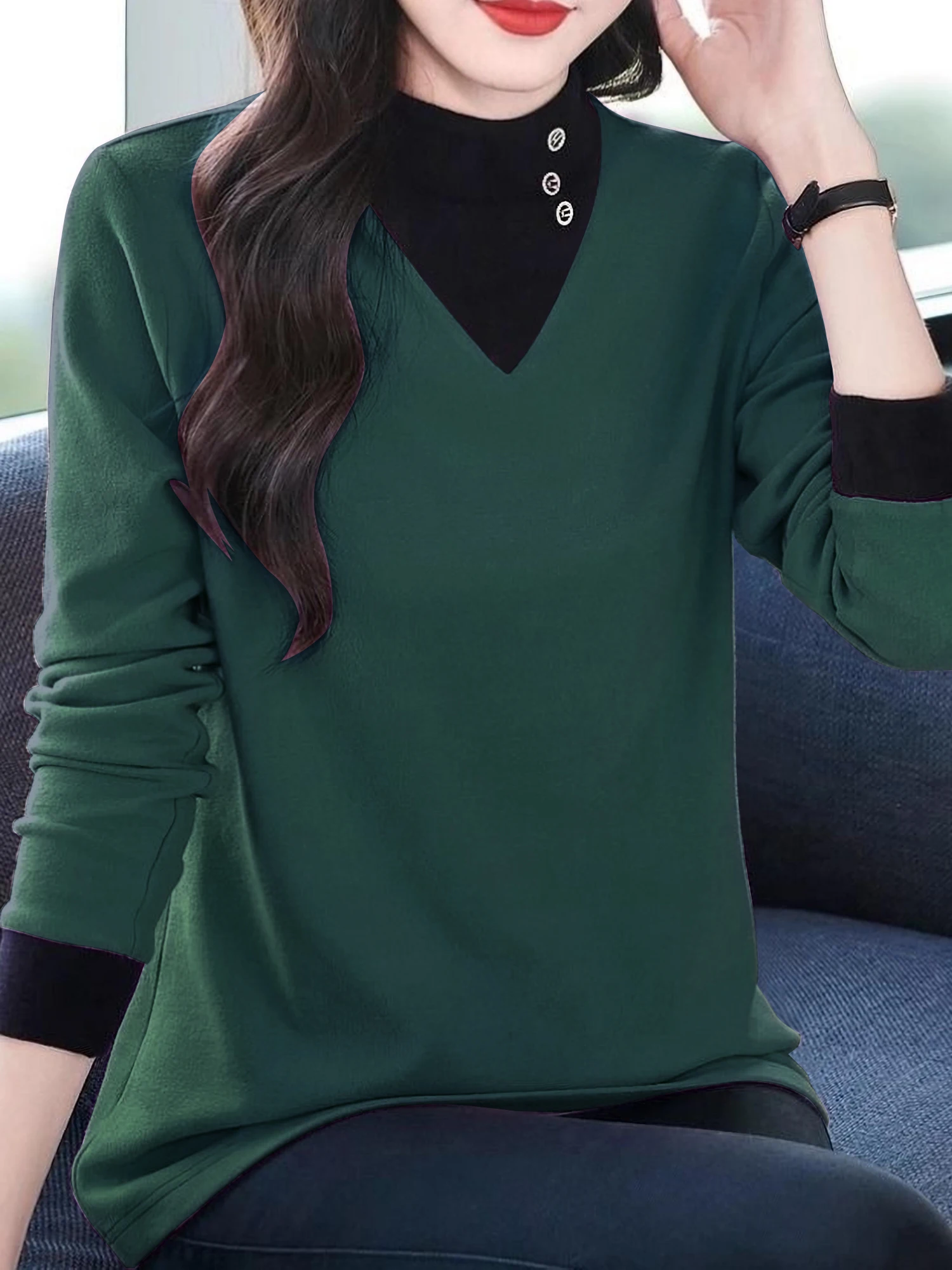 Hemd mit halbem Rollkragen für Damen, Herbst und Winter 2022, neues langärmeliges deutsches Samt-T-Shirt, doppelseitig gebürstetes Oberteil