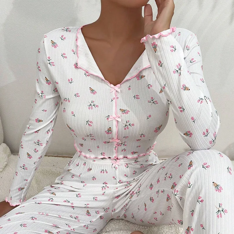 European and American Home Clothes Bow Knot Jacquard Lapel Rolled Edge Long Sleeved Pajamas Women Long Pants Ladies Sleepwear