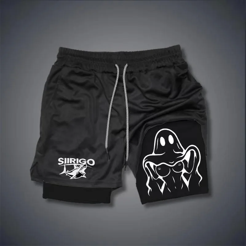 Shorts de ginástica anime para homens, dupla camada, secagem rápida, absorvente de suor, jogging, desempenho, treino, atlético, 2 em 1